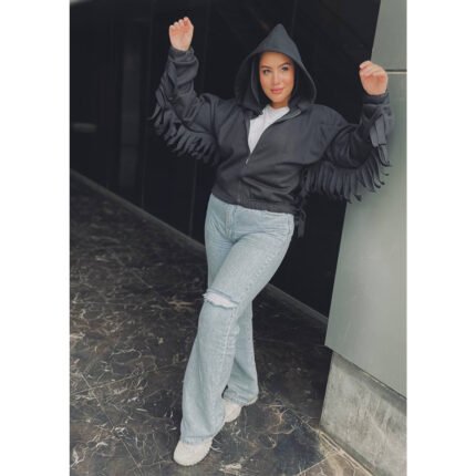 Trim Zip Up Crop Hoodie Drop Shoulder