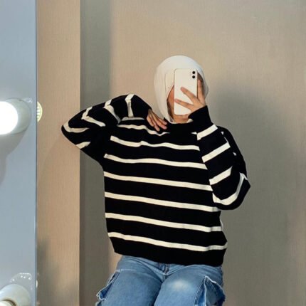 Oversized Striped Cropped Pullover In 3 Colors